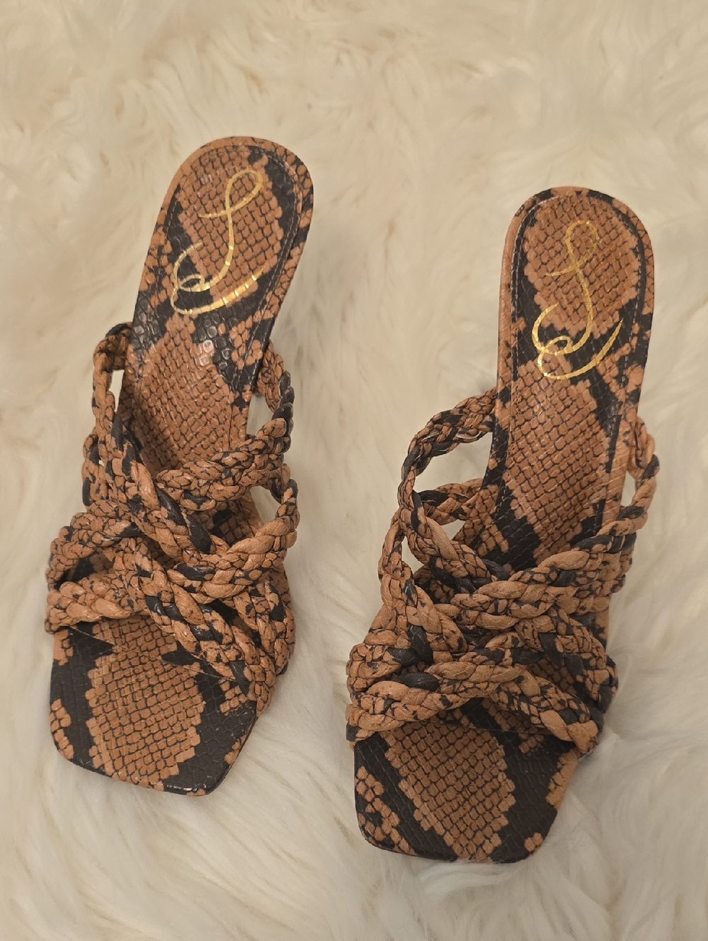 Sam Edelman Braided Snake-Print Slide Sandals in Tan and Black
